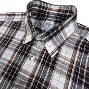 TRUZZI Milano Luxury Dress Shirt XL Plaid Brown Made In Italy